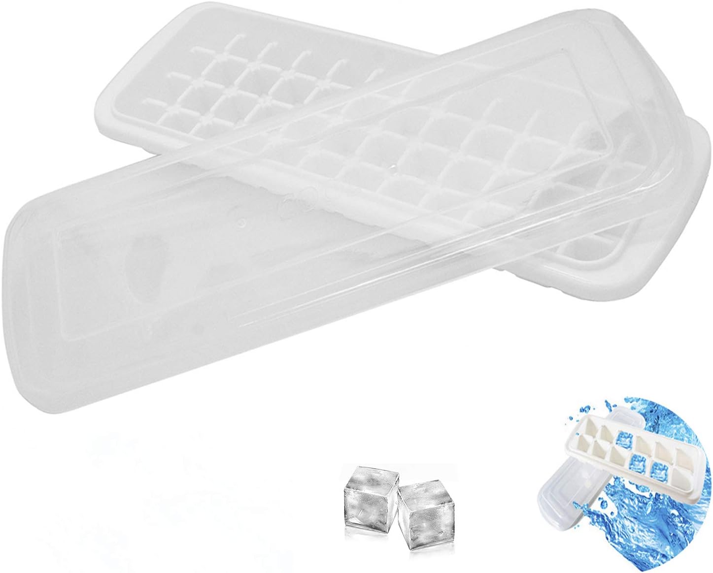 Creative Convenient White Plastic Ice Cube Tray, HICYCT LFGB Certified Ice Cube Tray Molds with Non-Spill Lid, Best for Water, Cocktail and Other Drink -(48 Ice Cubes).