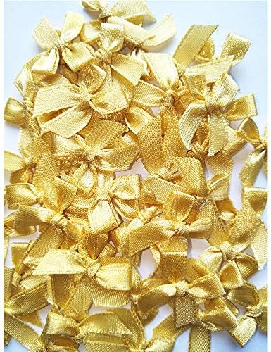 KKmass Craft 100pcs Gold Satin Ribbon Bows Mini Embellishment Craft Artificial Applique Wedding Appliques DIY Craft Ribbon