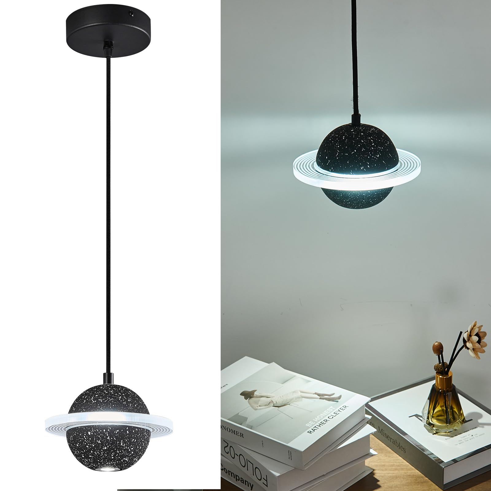 Photo 1 of ADCTHOME Children's Room Modern LED Pendant Light Fixtures,Concrete Pendant Lights Kitchen Island, Planet Pendant Lighting Adjustable for Kids Room Dining Living Room Bedroom (Black 2-Pack)