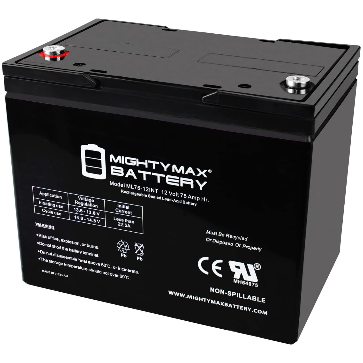 Photo 1 of ** VERY USED** NO RETURNS FINAL SALE** ML75-12INT -12 Volt 75 AH, Internal Thread (INT) Terminal, Rechargeable SLA AGM Battery