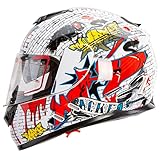 Graffiti Street Art Gloss White Dual Visor Full Face Motorcycle Helmet DOT (Large)