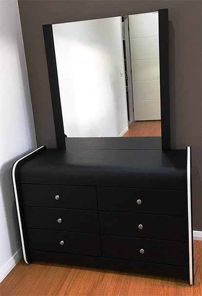 Artikle Leather Black 6 Drawer Leather Dresser of Chest wth Mirror