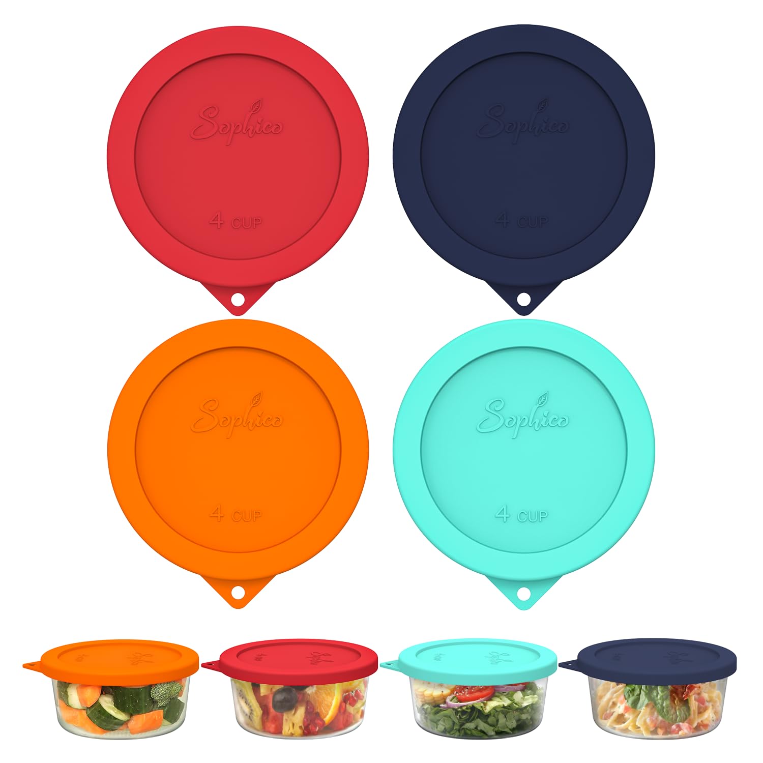 Photo 1 of Sophico 4 Cup Round Silicone Storage Cover Lids Replacement for Anchor Hocking and Pyrex 7201-PC Glass Bowls (Container not Included) (Mix) 4 Pack