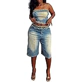 Molilove Women's Vintage Two Piece Denim Outfits Sleeveless Tube Top and Short Pants Y2K Jeans Set Summer Tracksuits