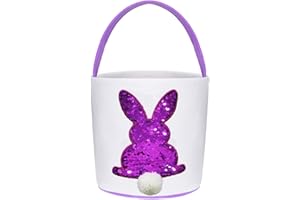 Poptrend Easter Basket Bags,Easter Eggs/Gift Baskets for Kids,Bunny Tote Bag Bucket for Easter Eggs,Toys, Candy,Gifts (Purple paillette)