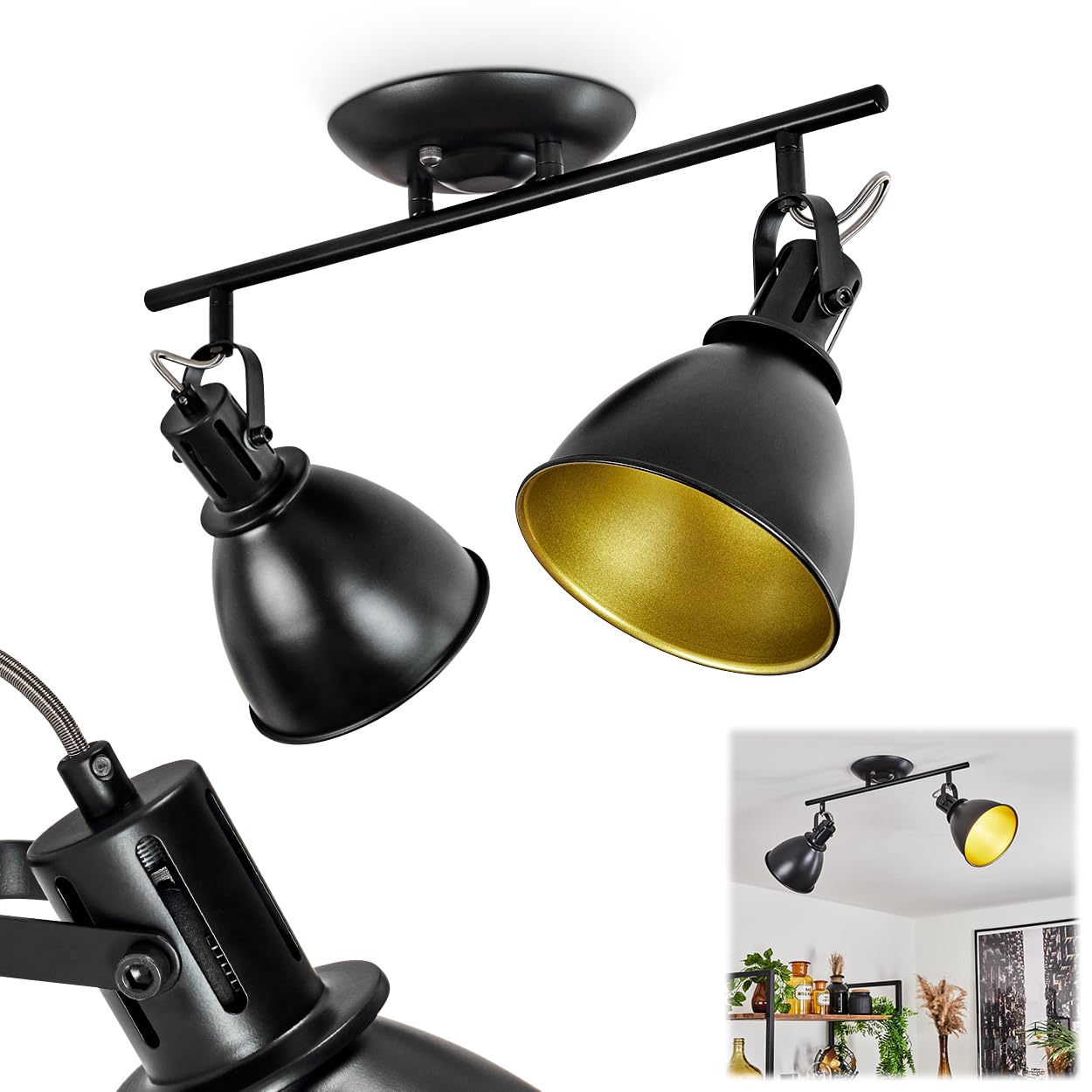 hofstein Koppom Ceiling Light, Metal Ceiling lamp in Black/Gold, 2-Flame, with Adjustable spotlights, 2 x E14 Socket, Retro/Vintage Design Spotlight, Bulbs not Included