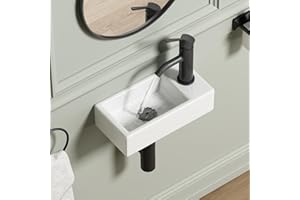 Small Wall Mount Vessel Sink, QISHKA 14.4" x 7" Ceramic Rectangle Wall Hung Bathroom Sink White Mini Wash Basin, Save Space for Narrow Bathroom (Right Hand)