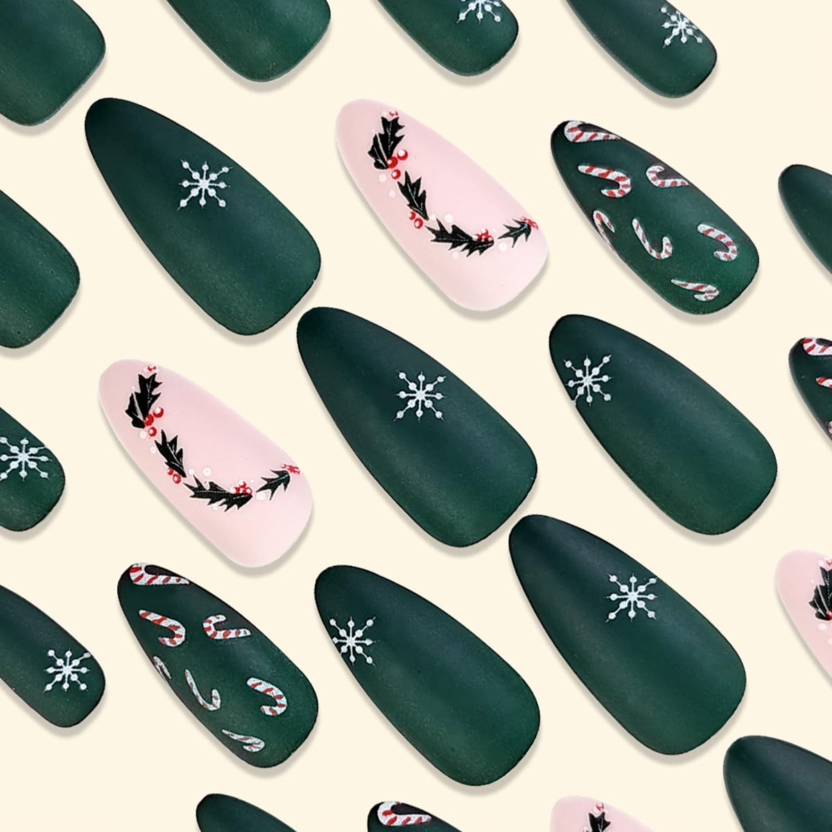 Christmas Press on Nails Medium Almond Fake Nails Winter Snowflake Acrylic Nails with Xmas Holly Candy Designs Full Cover Green Matte False Nails Cute Christmas Stick on Nails for Women, 24 Pcs - Image 3