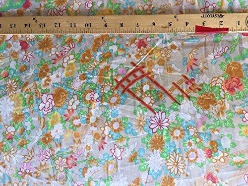 100% Cotton Japanese garden w Pagoda Colorful 60"w Fabric by the yard