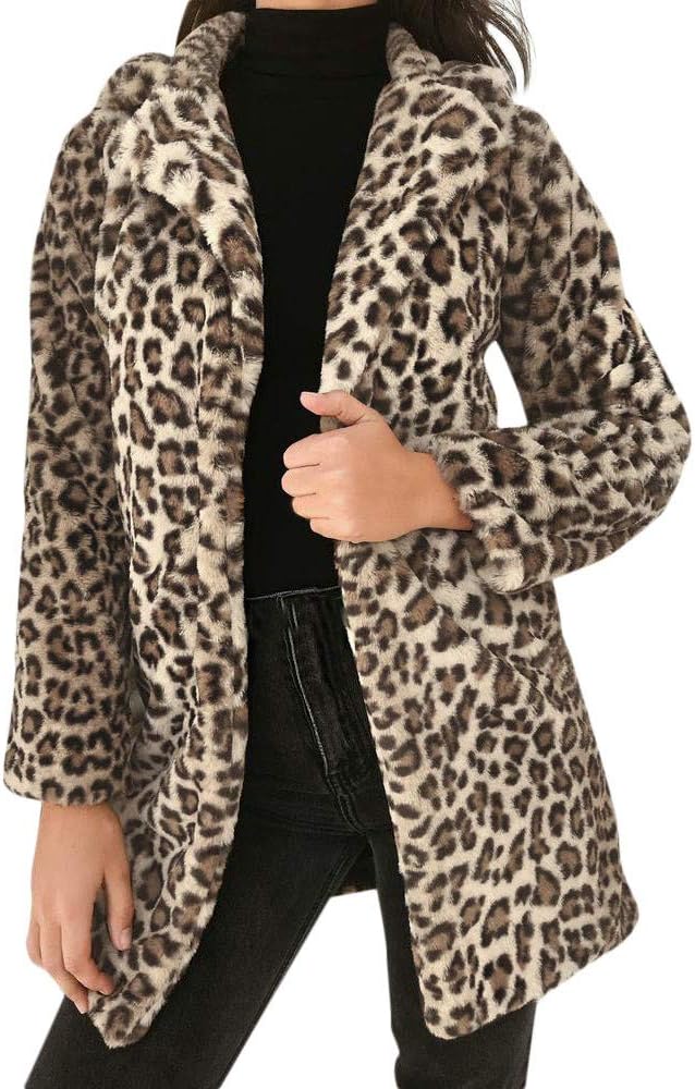 Women Sexy Leopard Winter Warm Faux Fur Coat Long Sleeve Thick Lapel Cardigan Outwear Long Jacket