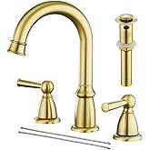 CREA Widespread Bathroom Faucet 3 Hole Brushed Gold Sink Faucet 8 inch with Pop Up Drain 2 Handle 4 inch Faucets for Vanity Lavatory Basin Restroom Bath Sink