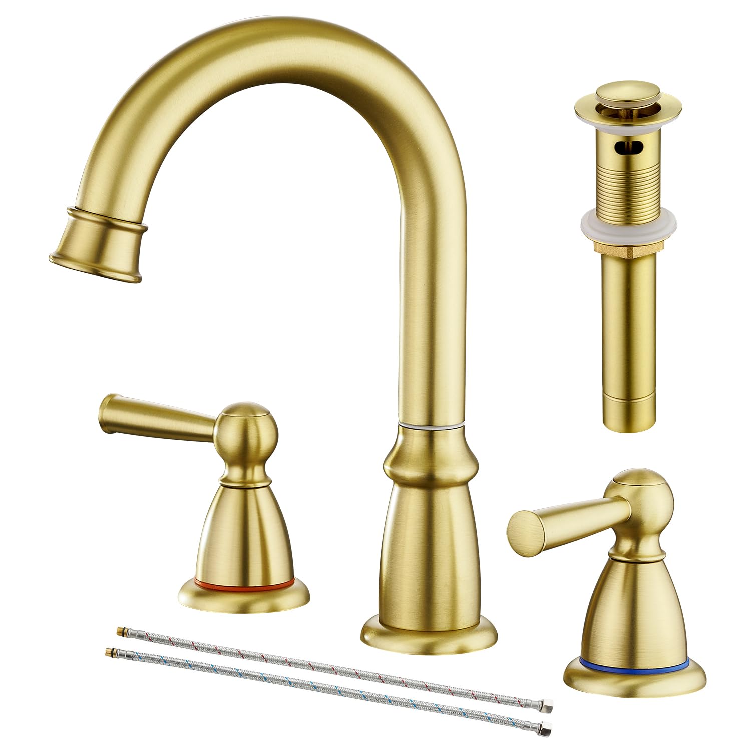 Photo 1 of CREA Widespread Bathroom Faucet 3 Hole Brushed Gold Sink Faucet 8 inch with Pop Up Drain 2 Handle 4 inch Faucets for Vanity Lavatory Basin Restroom Bath Sink