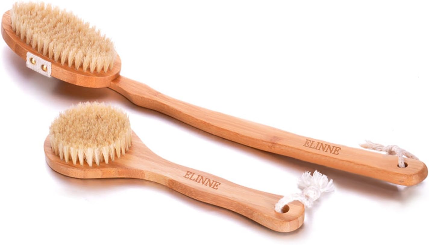 Elinne Body & Face Brush Set - Made of Natural Boar Bristle With Long Bamboo Handle - For Cellulite Reduction and Skin Exfoliating, Perfect Spa Gift