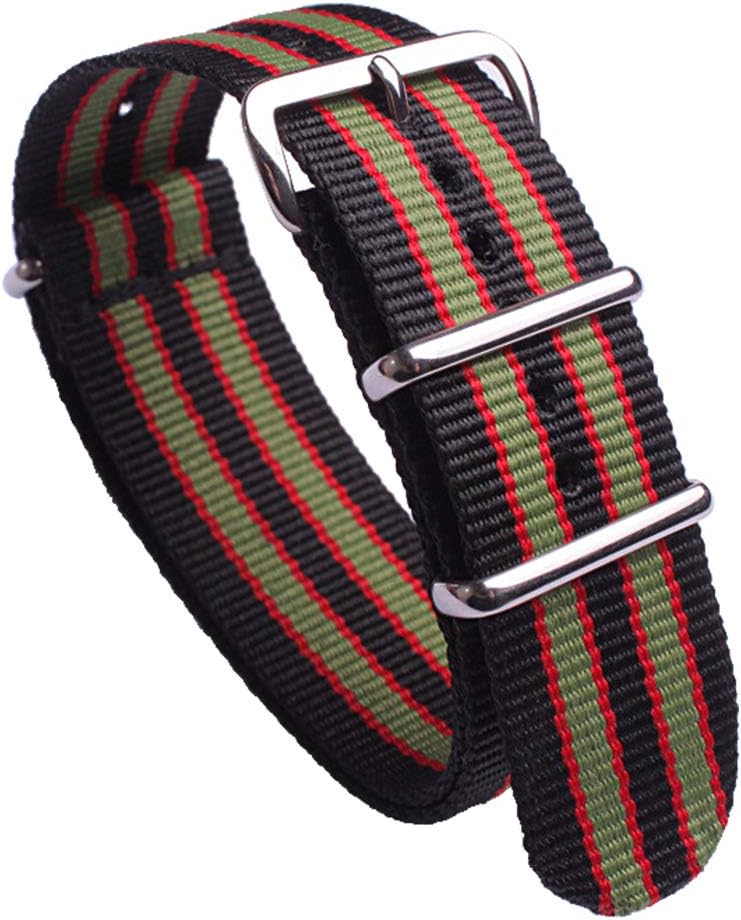 Watch Bands Replacement NATO Nylon Watch Straps with Round String Stainless Steel Buckle Black Green and Red Wristband Width 18mm 20mm 22mm 24mm