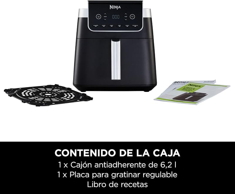 Fritadeira de ar ninja max pro, 6,2l, 6 em 1, sem óleo, fritar, assar, assar, reaquecer, desidratar, tamanho família, digital, cesta antiaderente própria para máquina de lavar louça, cinza, af180eu