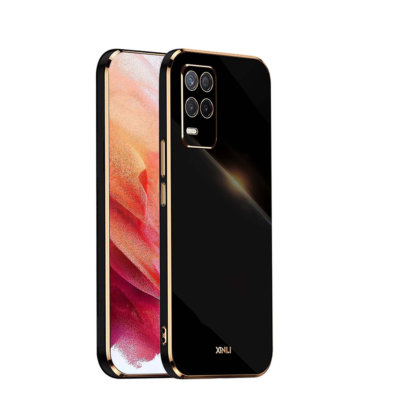 WEIOU Soft TPU Cover for Realme 8 5G / Realme Narzo 30 5G Case, Slim Non-Slip Flexible Protective Shock Absorption Golden Border Plating Phone Shell Bumper - Black