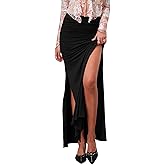 AGECODE Women's Sexy Ruched Maxi Skirt Side High Slit Elastic Waist Bodycon Long Skirts Trendy