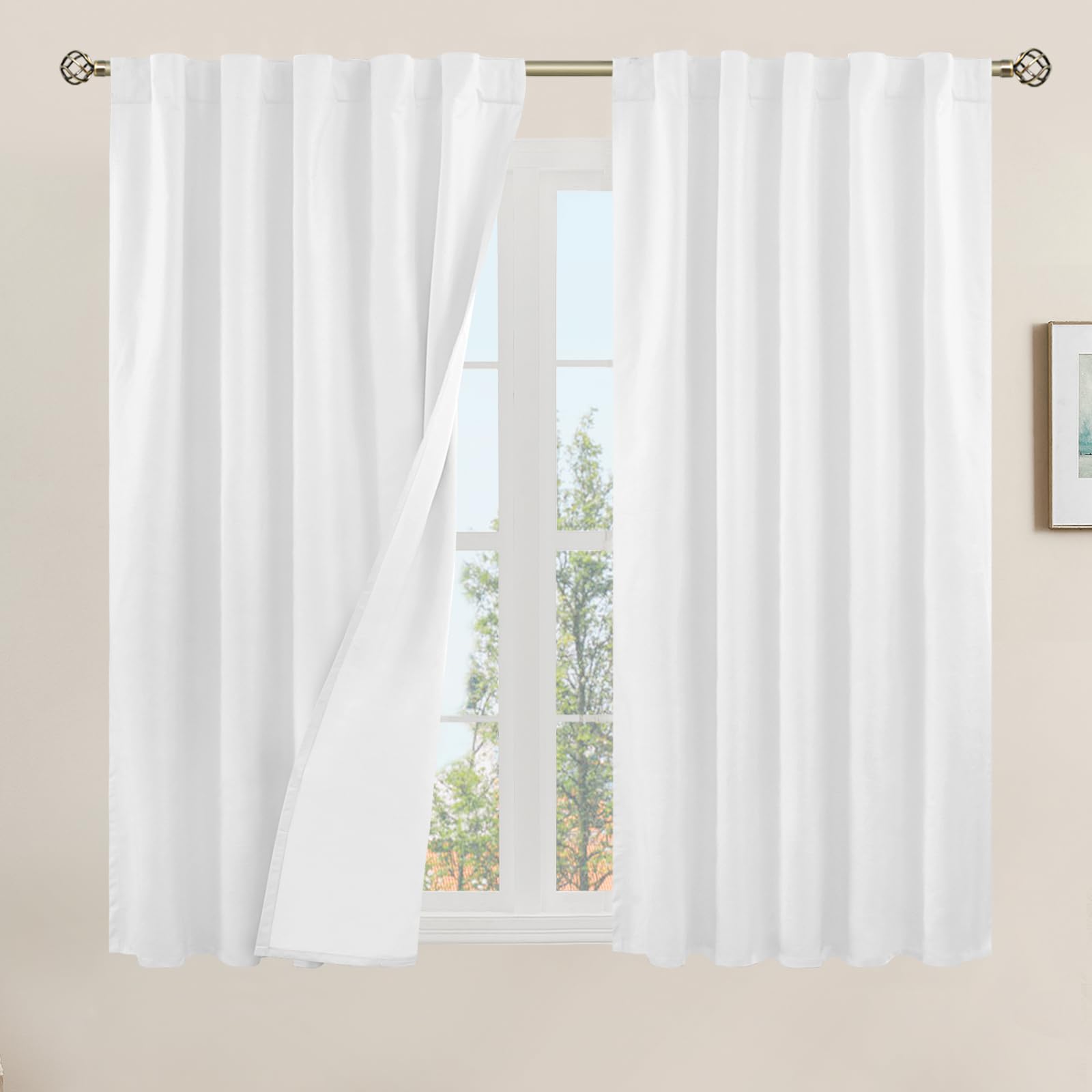 Photo 1 of LAMIT 100% Blackout Linen Curtains, 45 Inches Linen Textured Thermal Bedroom Curtains Back Tab and Rod Pocket Neutral Panels with White Liner for Farmhouse, 2 Panels, 42 x 45 Inch, White