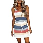 Womens Summer Trendy Striped Dresses Sleeveless Halter Strap Mini Dress with Pockets
