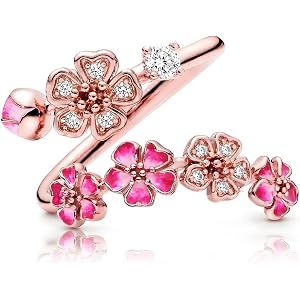 Uunuuo Peach Blossom Ring for Women Pink Flower Ring Adjustable Floral Ring Vintage Statement Jewelry Gift for Her