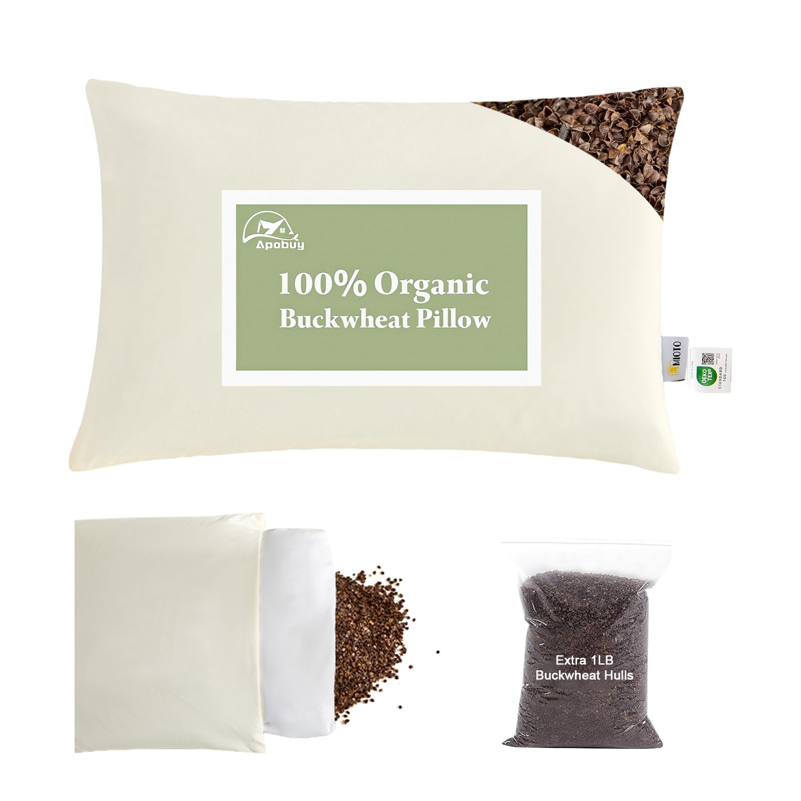 Photo 1 of 20"X26" Large Organic Buckwheat Pillow with Dual-Layer Pillowcase and Extra Buckwheat Hulls, Adjust Height and Firmness, Neck Support Pillow for Back and Side Sleepers