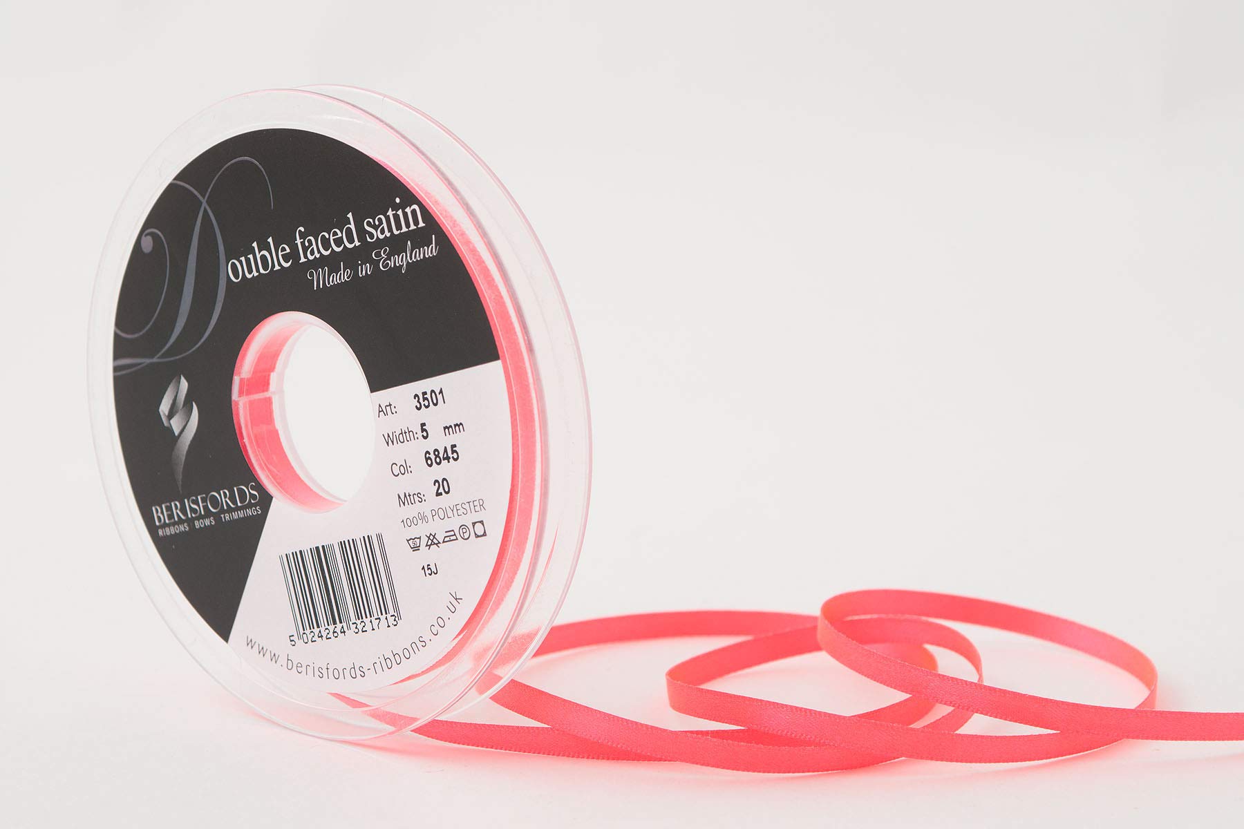 Berisfords Double FACE Poly Satin Ribbon, Flo Pink, 5 mm