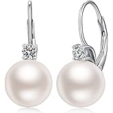 Jiahanzb 925 Sterling Silver Pearl Leverback Earrings for Women Cubic Zirconia Pearl Jewelry 10MM