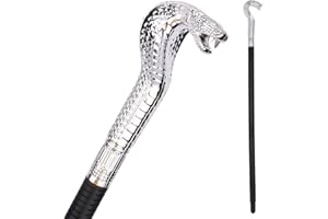 VESIL Snake Head Walking Cane Gentlemens Walking Stick Handle Egyptian Cobra Staff Snake Protection Anti Walking Stick Tip Spear Hook Cane Stick with Handle Halloween Costume Prop Accessory, 32" Silver