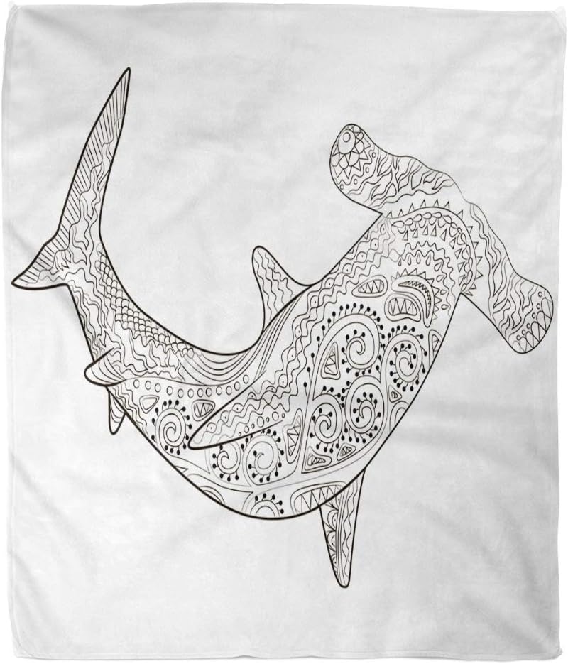 Suninapril Throw Blanket Flannel 50 X 60 Inches Hammerhead High Details Adult Antistress Coloring Shark Fish for Couch Sofa Bed Comfortable Warm Cozy Print Luxury Suitable for All Season