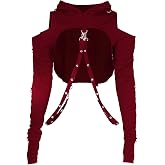 AULKEEP Cropped Hoodie Women Y2k Gothic Hooded Crop Top Cold Shoulder | Gothic hoodie women y2k cropped hooded crop top for rave concert Halloween. Cold shoulder, buckle strap, stretchy.