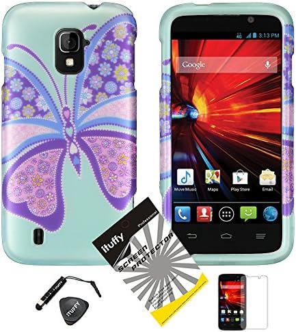 4 items Combo: ITUFFY (TM) LCD Screen Protector Film + Mini Stylus Pen + Case Opener + Aqua Blue Purple Paisley Butterfly Pink Flower Design Rubberized Snap on Hard Shell Cover Faceplate Skin Phone Case for ZTE Majesty / Z796c - StraightTalk (Blue Butterfly)