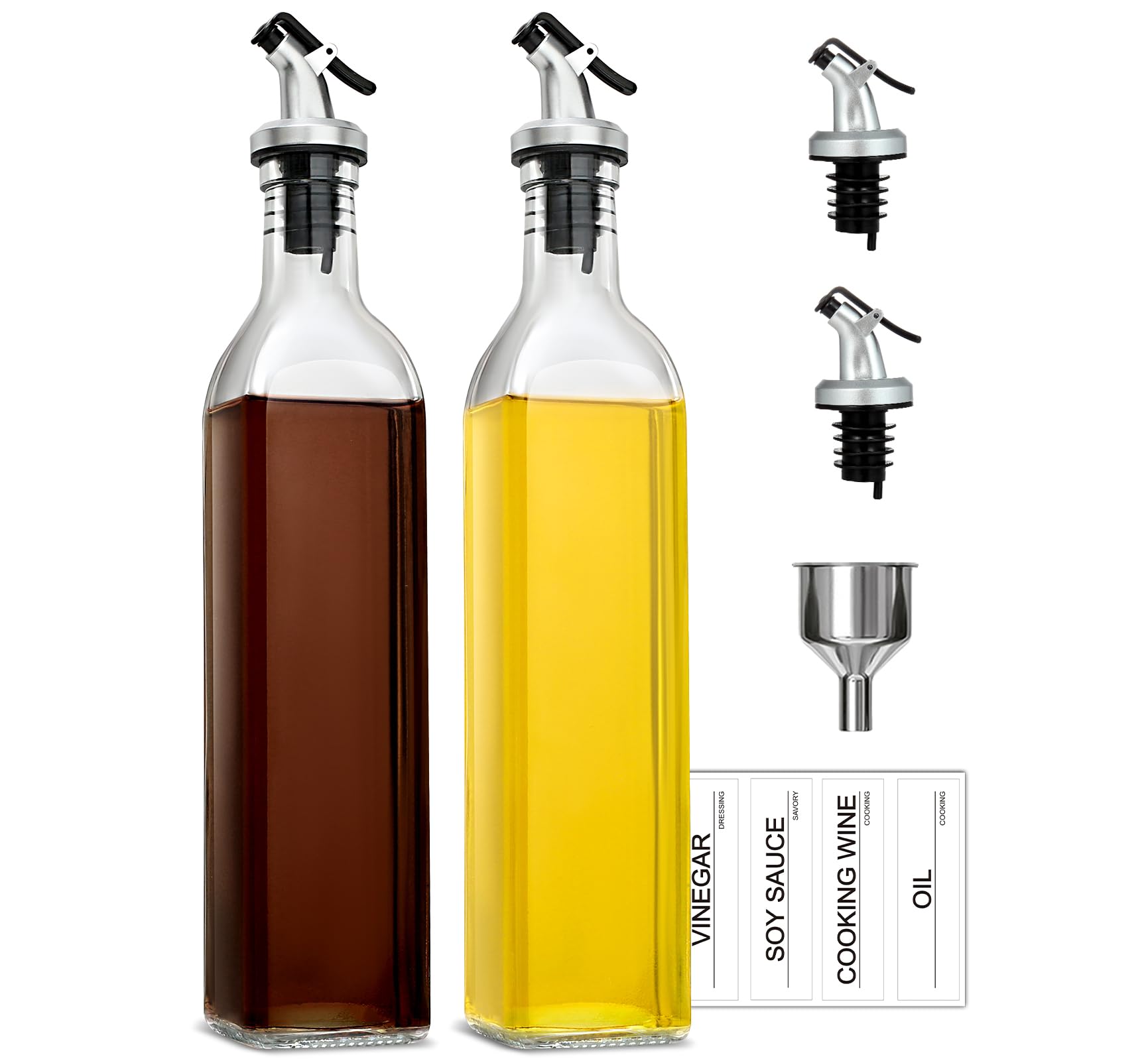 Umi Olive Oil Dispenser Bottle 500ml Oil and Vinegar Dispenser Set,Clear Glass Oil Bottle Drizzler with Spouts,Funnel and Labels 2 Pack