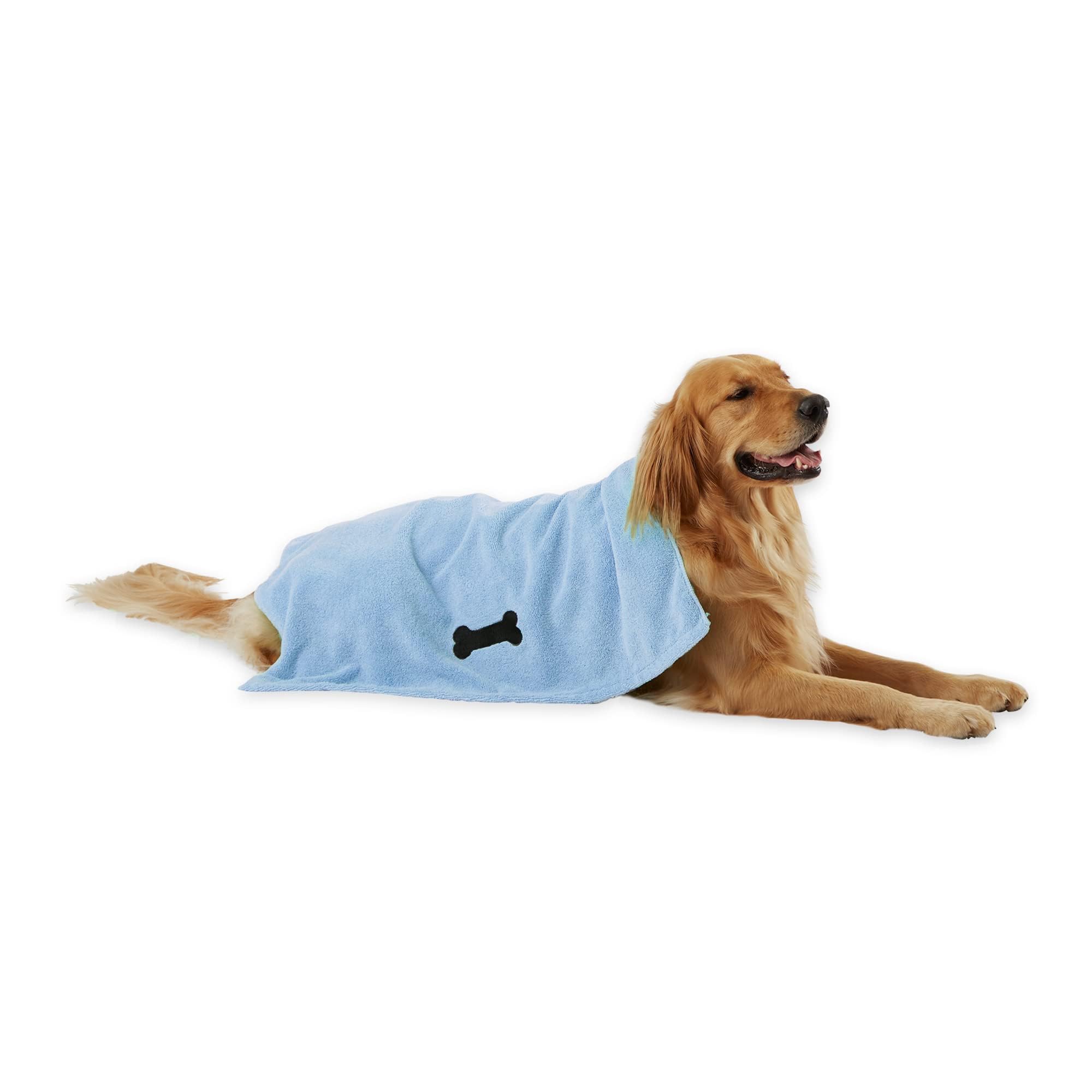 Bone Dry Pet Grooming Towel Collection Absorbent Microfiber X-Large, 41x23.5", Embroidered Blue
