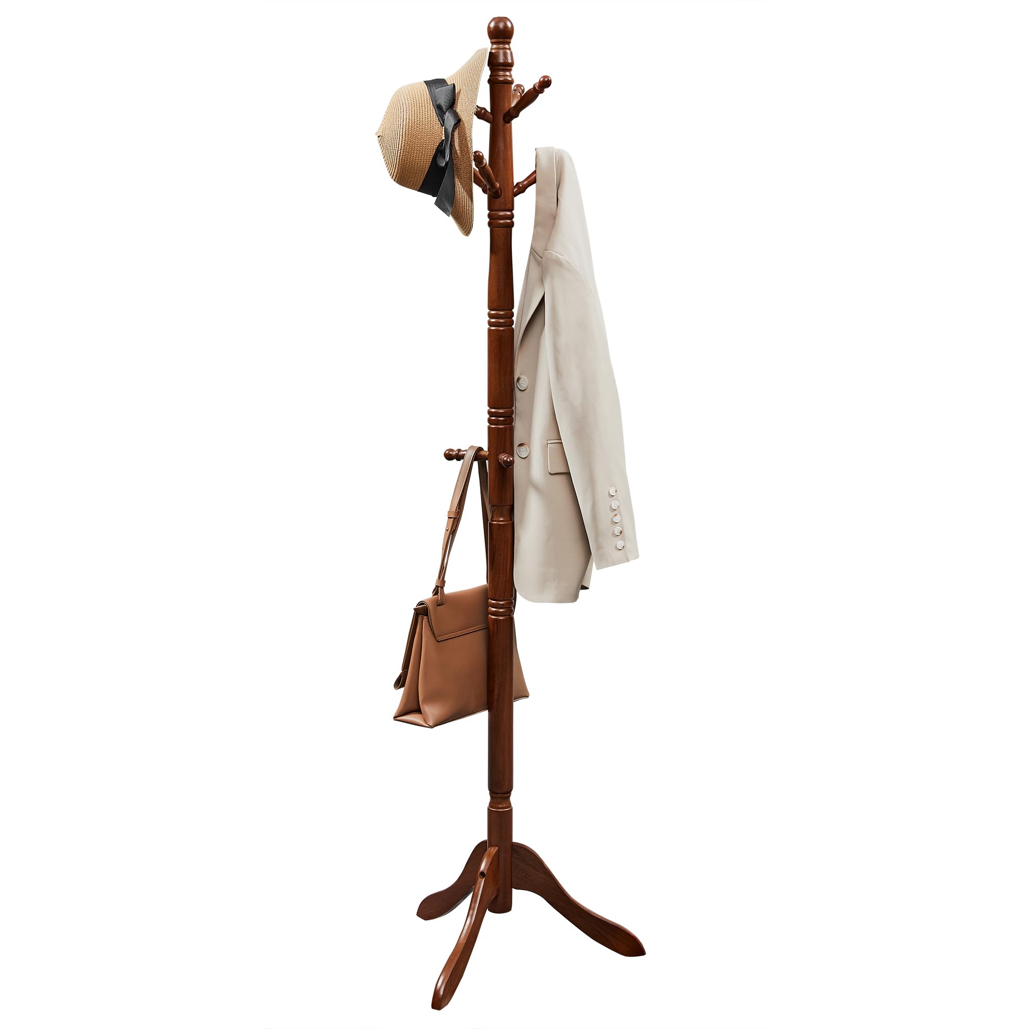 Photo 1 of VASAGLE Solid Wood Coat Rack and Stand, Free Standing Hall Coat Tree with 10 Hooks for Hats, Bags, Purses, for Entryway, Hallway, Rubberwood, Dark Walnut URCR03WN