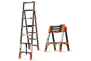 RIKADE A-Frame Telescoping Ladder with 1-Button Retraction, Aluminum Adjustable Extension Ladder, Portable Lightweight Folding Design for Home/RV Use, 330lb Capacity(1.7+2M)