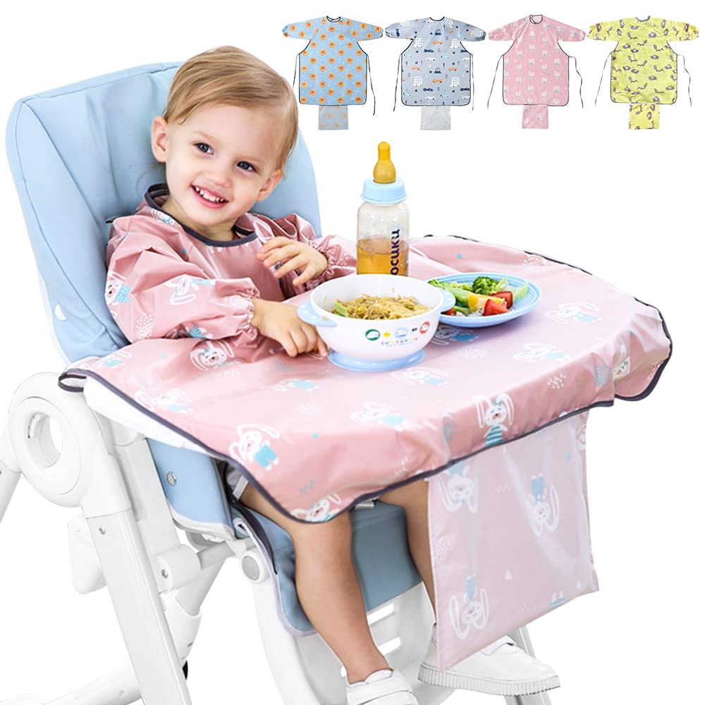 Tyuodna Coverall Bibs for Baby & Toddler,Unisex Waterproof Bibs for Babies,Weaning Bibs with Sleeves,High Chair Bib Cover,Washable Toddler Apron for 3-36 Months Kids Eating and Painting (Pink Rabbit)