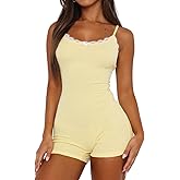 Lacozy Sexy One Piece Pajamas for Women Lightweight Lace Trim Cute Pjs U Neck Sleeveless Short Romper Onesie Sleepwear