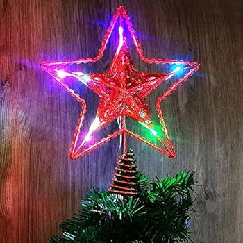 Blissun 12-Inch Red Star Treetop, 15 Multi-Color Light Christmas Tree Topper, Twinkle Star Treetop Christmas Decoration