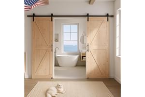 S&Z TOPHAND® 24in x 80in Double Unfinished British Brace Barn Door with 8FT Sliding Hardware Kit/Solid Wood/Double Surfaces/Simple Assembly is Required