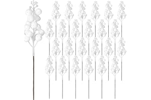 JREMREO 24 Pack 9 Inches Glitter Artificial Berry Stems, 15 Berries per Stem, Christmas Tree Picks Ornaments, DIY Xmas Wreath, Floral Arrangements Home Décor, Winter Wonderland Decoration (24, White, 9 Inch)