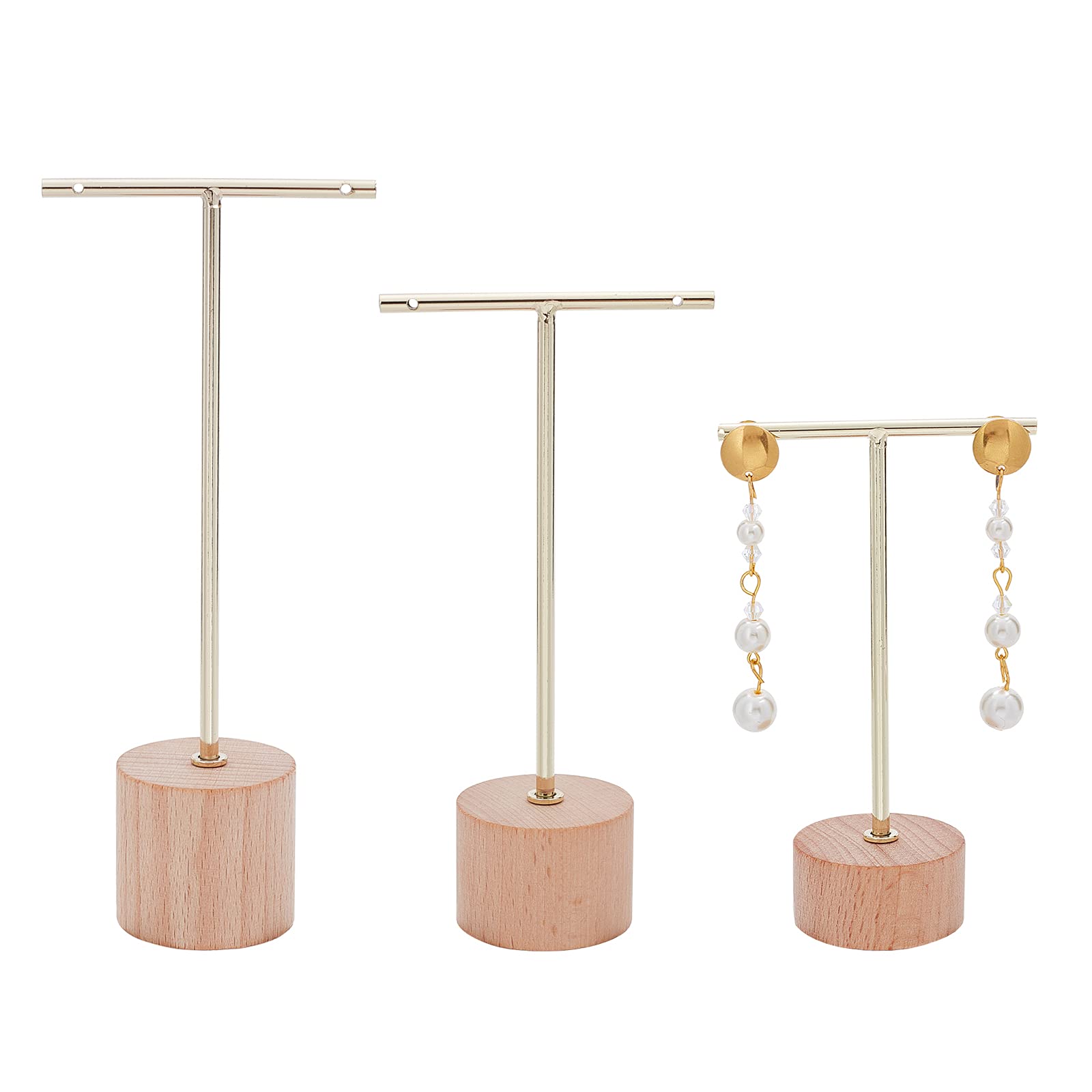 FINGERINSPIRE Gold Metal 3 Pcs T Bar Earring Display Stand with Wooden Base Jewelry Holders Hanging Jewelry Organizer for Store Retail Photography Props 【Gold- Round Base, 160mm&140mm&117mm Height】