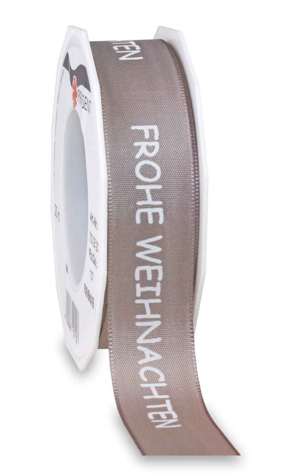 Präsent - Frohe Weihnachten Printed Ribbon Sandstone 25 mm Width, 20 m Length