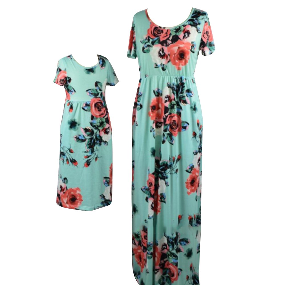 Pevor Mommy and Me Floral Printed Bohemia Maxi Long Matching Dresses 12-13T Green