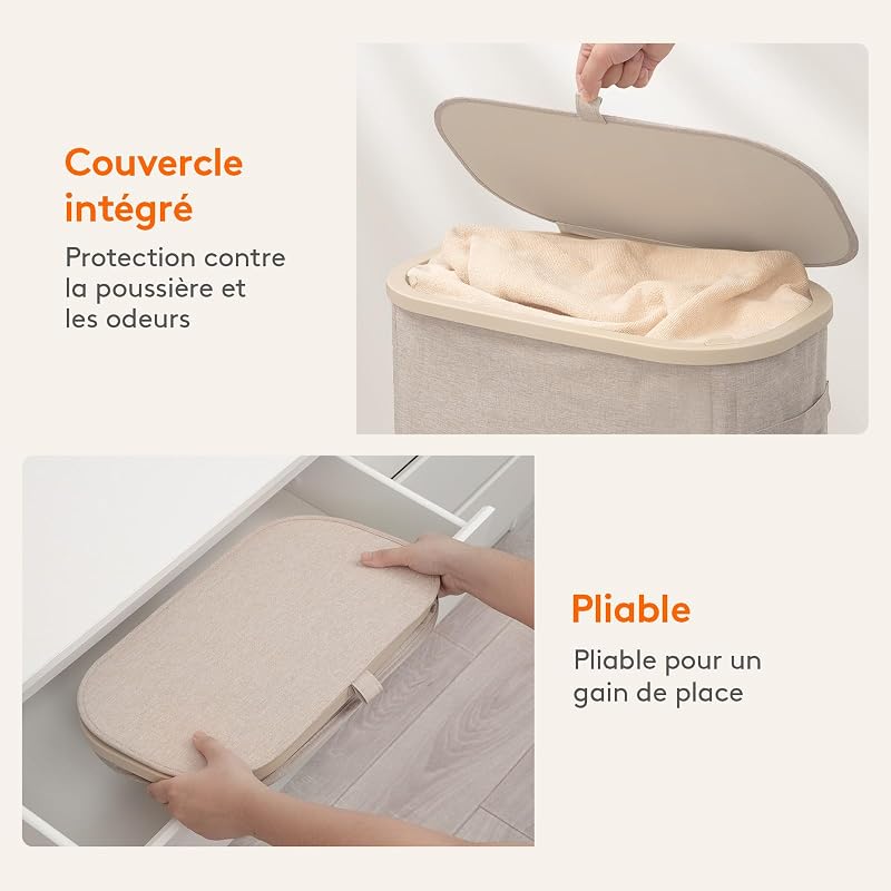 Panier Linge Sale, Bac Linge avec Couvercle, Corbeille Linge avec Plastique Poignées et Sac Linge, Laundry Basket pour Buanderie, Chambre, Salle de Bain, 55 L, Beige