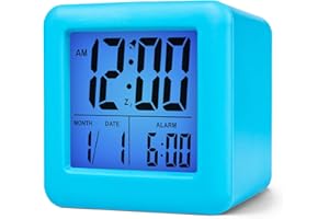 Plumeet Digital Alarm Clock Kids with Snooze and Nightlight - Easy Setting Silicone Clock Display Time, Date - Loud for Bedroom - Battery Powered (Blue)