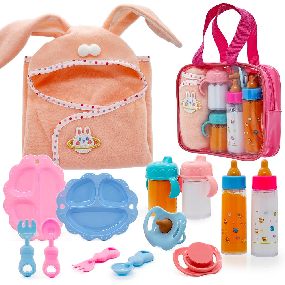 Baby Doll Accessories Magic Bottle Set - 13 Pieces Doll Feeding Pretend Playset with Disappearing Milk & Juice Bottles, Pacifiers Bowl and Bath Towel Doll Bottle Toys set Gift for Kids Girls Ages 3+