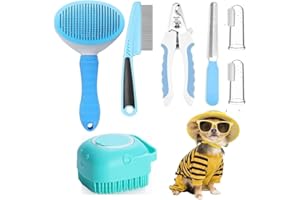 Qubccum 7pcs Pet Grooming Kit, Self-Cleaning Brush Shedding Kit with Nail Clipper, Flea Comb, Shampoo Bath Brush, Finger Toothbrush, Storage Bag (Blue)