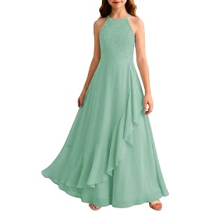 MITILLY Summer Flower Girl Dress Formal Junior Bridesmaid for Kids 6-12 Y | Halter, Lace Bodice, Sleeveless, Chiffon, Flowy H
