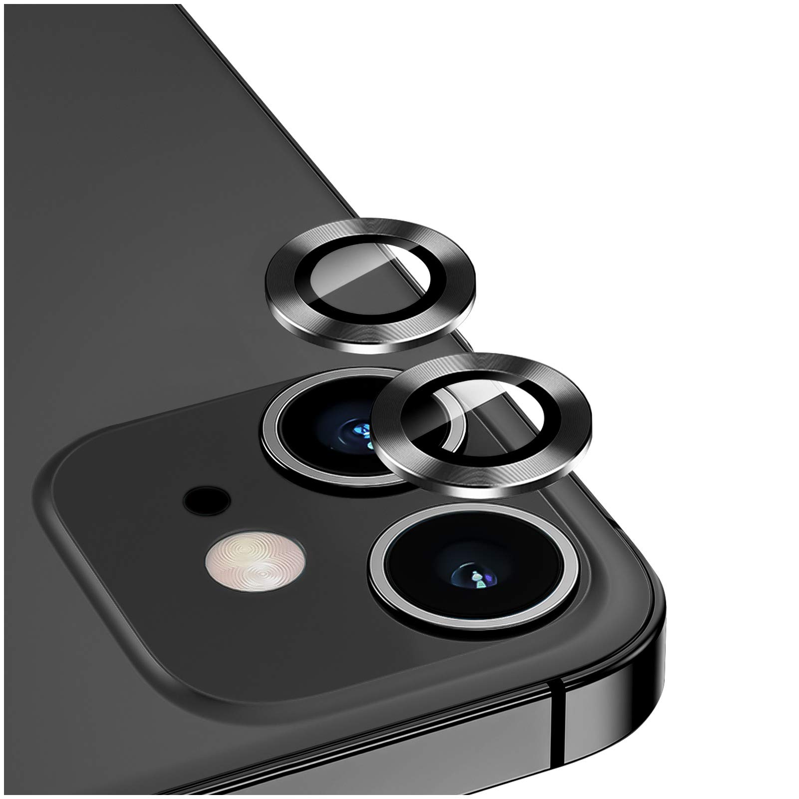 DIKKAR Camera Lens Protector for iPhone 12/12Mini, Anti-Scratch HD Tempered Glass Aluminum Alloy Back Camera Protector Sticker,Easy Installation Metal Ring Circle Lens Screen Cover Film (Black)