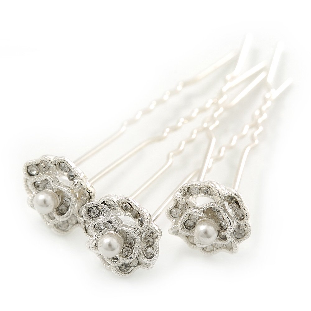 Bridal/Wedding/Prom/Party Set Of 3 Crystal Simulated Pearl Rose Flower Hair Pins/Rhodium Plated
